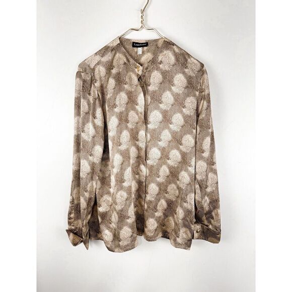 Vintage LOUIS FERAUD 100% silk Brown blouse Button Up Size 8 Mob Wive - Picture 1 of 9